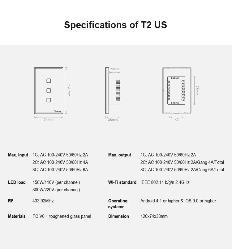 Sonoff T2 Touch 120mm Tempered Glass Panel Wall Touch Switch