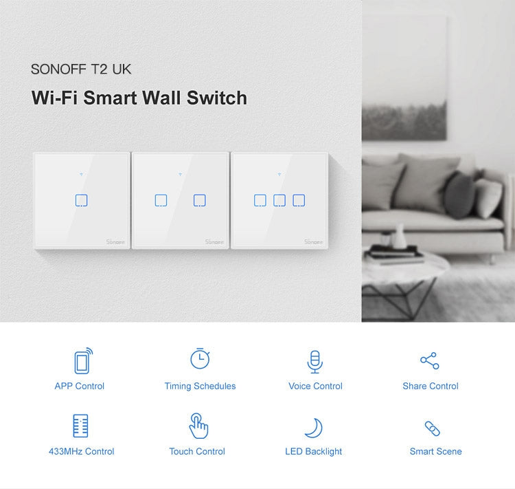 Sonoff T2 Touch 86mm Tempered Glass Panel Wall Touch Switch