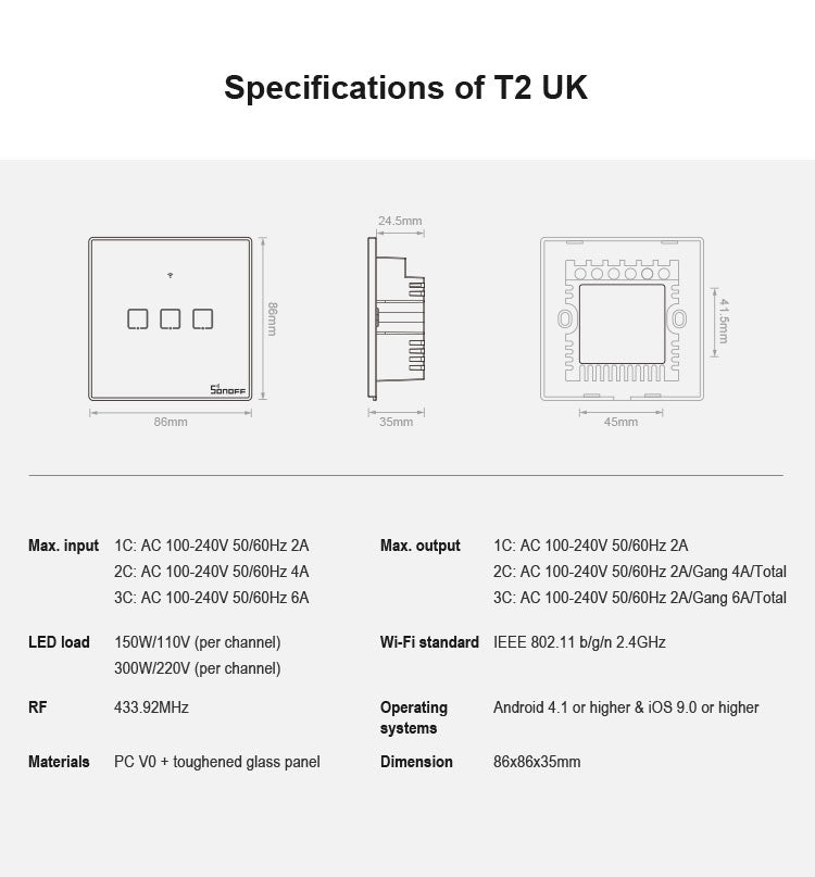 Sonoff T2 Touch 86mm Tempered Glass Panel Wall Touch Switch