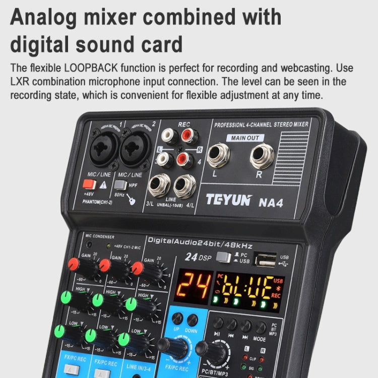 TEYUN NA4 4-channel Small Mixing Console Mixer, US Plug