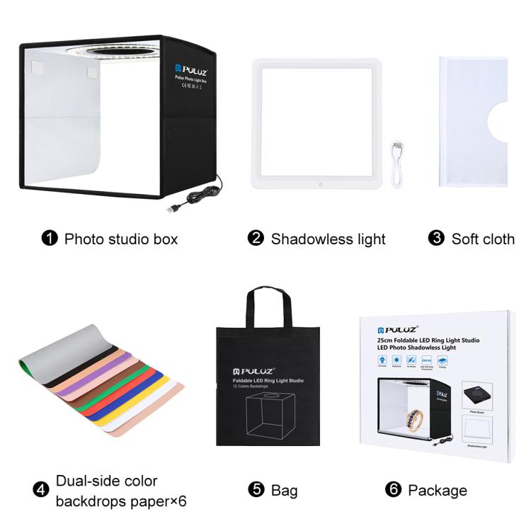 PULUZ 25cm Folding Photo Lighting Studio + Shadowless Light