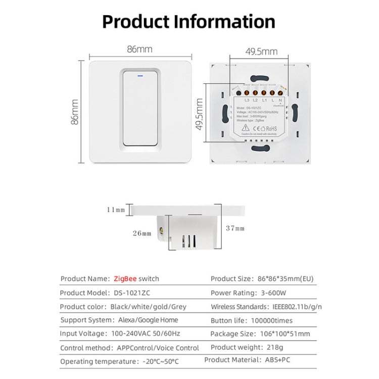 ZigBee Smart Single-fire Zero-fire Switch, Spec: