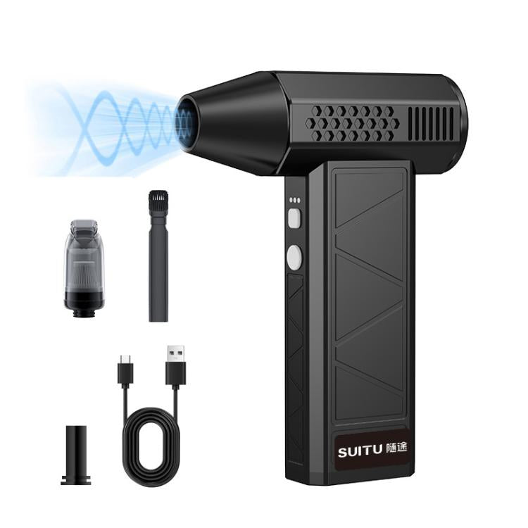 Mini vacuum and air duster removing dust from shelves, blinds, and home surfaces