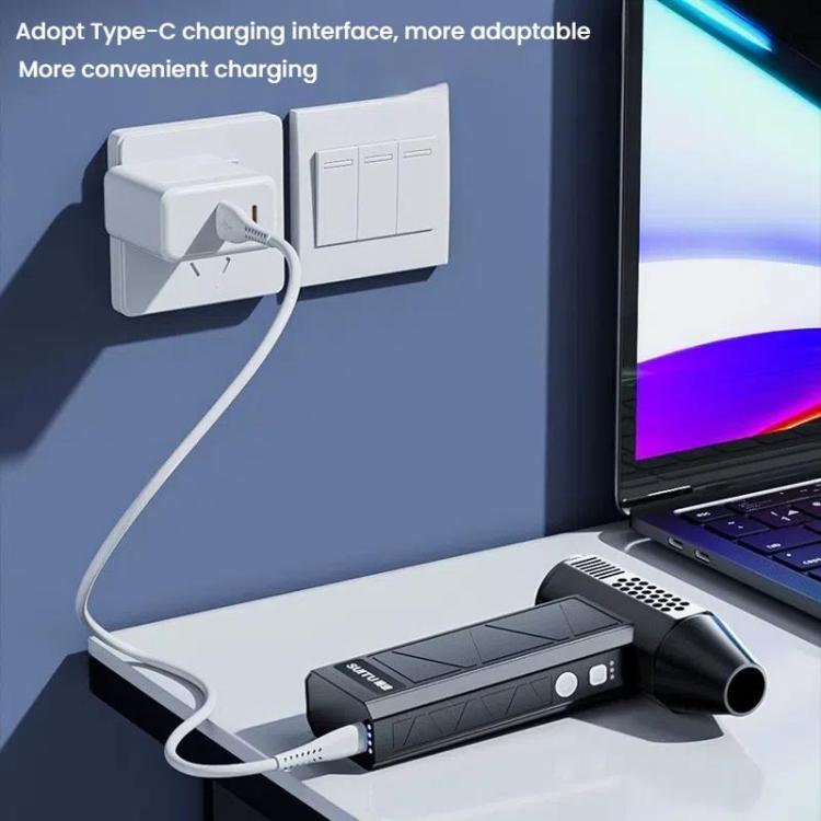 Rechargeable cordless air duster with dual 2500mAh batteries and fast Type-C charging port.