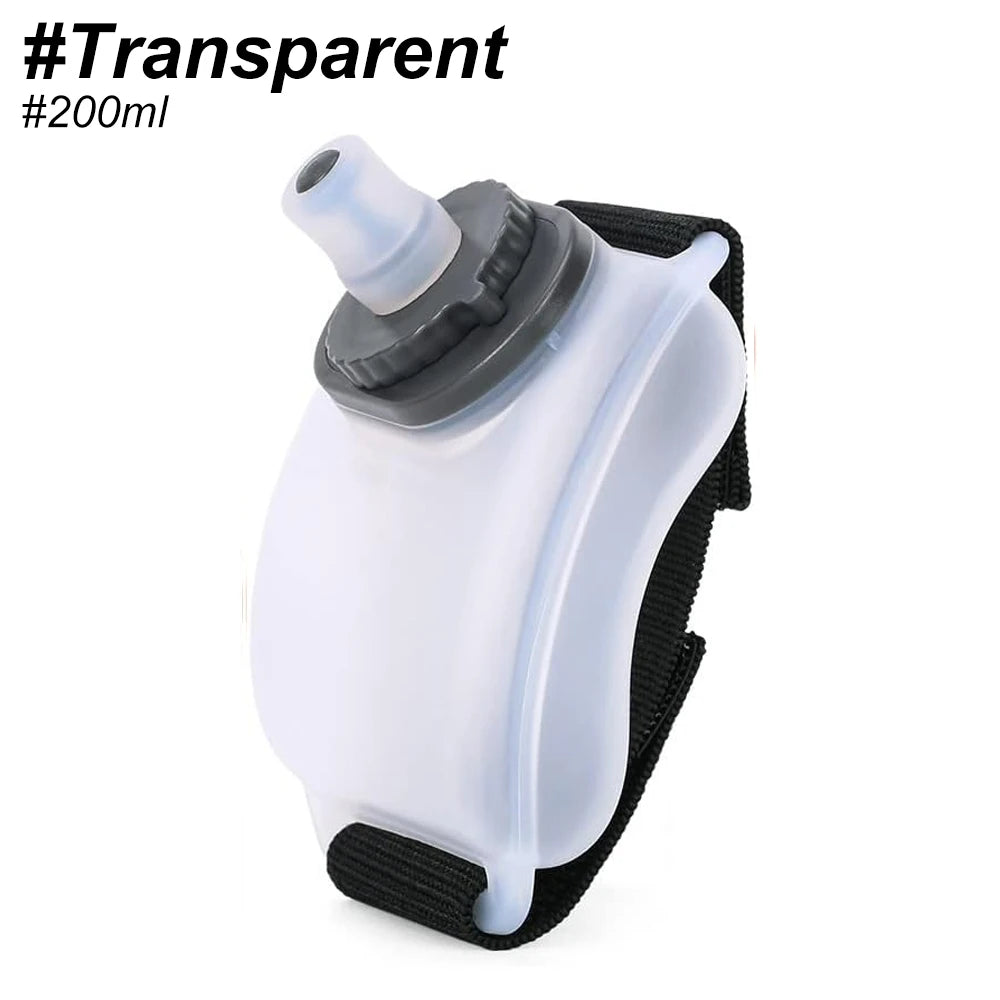 Transparent wrist hydration bottle with black strap on a white background