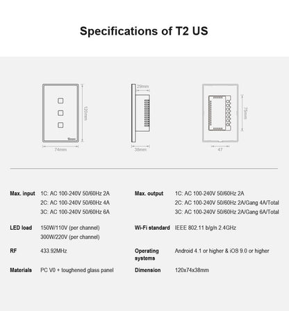 Sonoff T2 Touch 120mm Tempered Glass Panel Wall Touch Switch