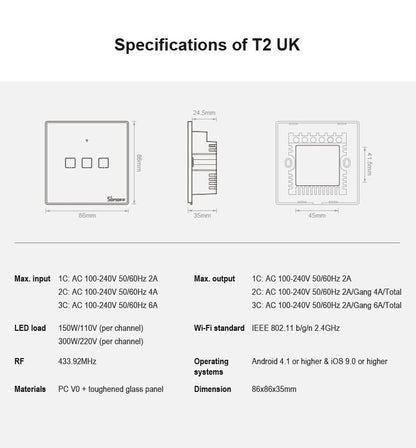 Sonoff T2 Touch 86mm Tempered Glass Panel Wall Touch Switch