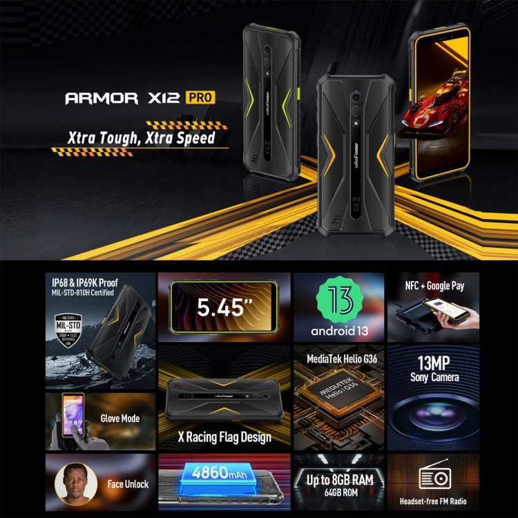 Ulefone Armor X12 Pro, IP68/IP69K Rugged Phone, 5.45 inch Android 13 MediaTek Helio G36 Octa Core, Network: 4G, NFC, 4GB+64GB - NMNYSX