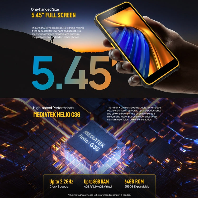 Ulefone Armor X12 Pro, IP68/IP69K Rugged Phone, 5.45 inch Android 13 MediaTek Helio G36 Octa Core, Network: 4G, NFC, 4GB+64GB - NMNYSX