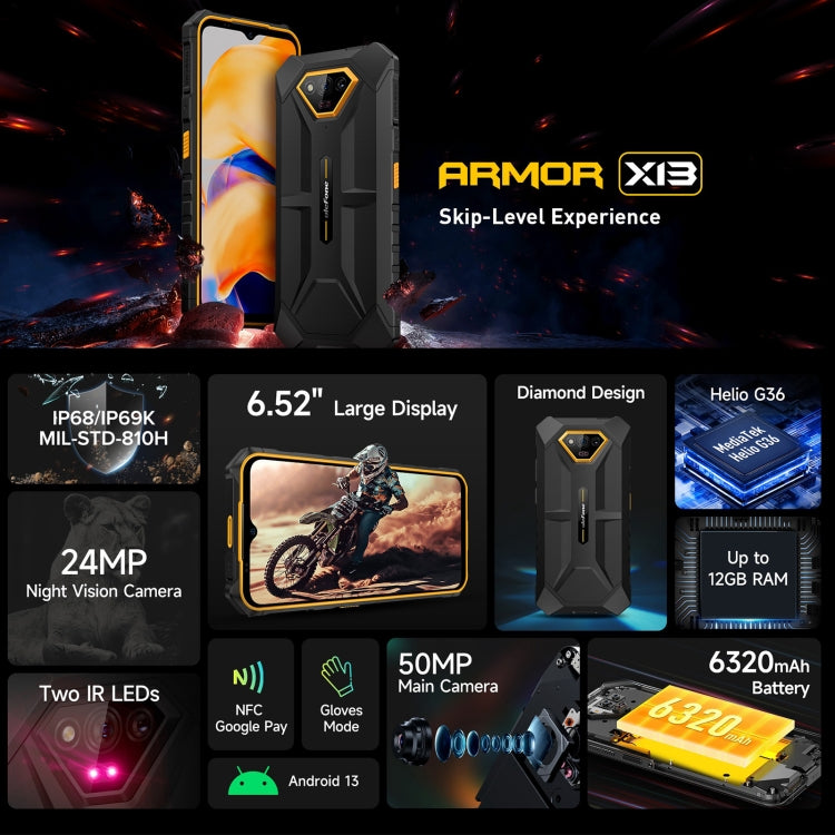 Ulefone Armor X13, IP68/IP69K Rugged Phone, 6.52 inch Android 13 MediaTek Helio G36 Octa Core, Network: 4G, NFC, OTG, 6GB+64GB - NMNYSX