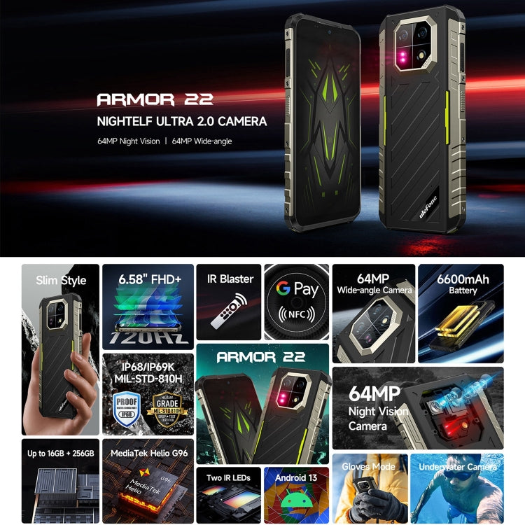 Ulefone Armor 22, IP68/IP69K Rugged Phone, 6.58 inch Android 13 MediaTek Helio G96 Octa Core, Network: 4G, NFC, OTG, 8GB+128GB, 8GB+256GB - NMNYSX
