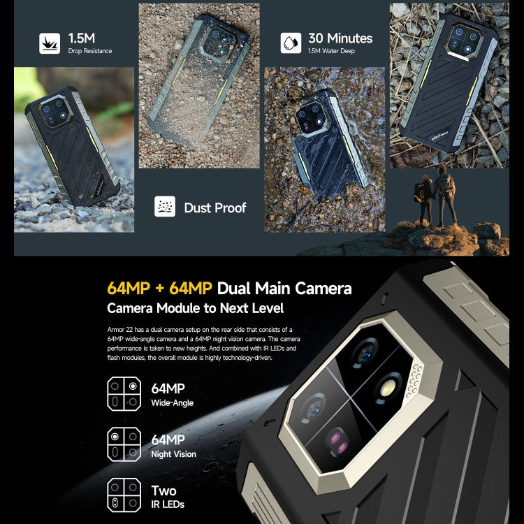 Ulefone Armor 22, IP68/IP69K Rugged Phone, 6.58 inch Android 13 MediaTek Helio G96 Octa Core, Network: 4G, NFC, OTG, 8GB+128GB, 8GB+256GB - NMNYSX