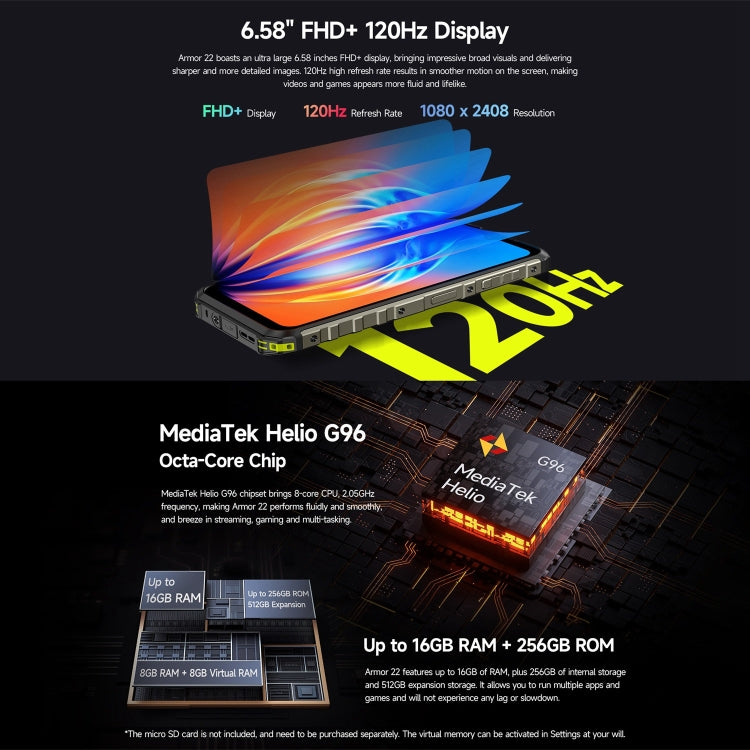 Ulefone Armor 22, IP68/IP69K Rugged Phone, 6.58 inch Android 13 MediaTek Helio G96 Octa Core, Network: 4G, NFC, OTG, 8GB+128GB, 8GB+256GB - NMNYSX