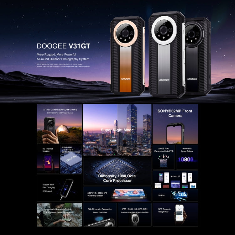 DOOGEE V31GT,  Thermal Imaging Camera, Side Fingerprint, 10800mAh Battery, 6.58 inch Android 13 Dimensity 1080 Octa Core, Network: 5G, OTG, NFC, Support Google Pay, 12GB+256GB - NMNYSX