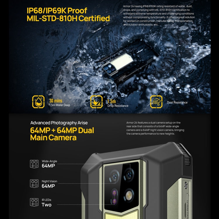 Ulefone Armor 24, Rugged Phone, Side Fingerprint, 22000mAh, 6.78 inch Android 13 MediaTek Helio G96 Octa Core, Network: 4G, NFC, Armor 24 - NMNYSX