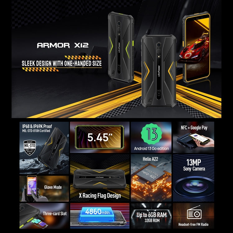 Ulefone Armor X12, Rugged Phone, Face Unlock, 5.45 inch Android 13 Go MediaTek Helio A22 Quad Core, Network: 4G, NFC, 3GB+32GB - NMNYSX