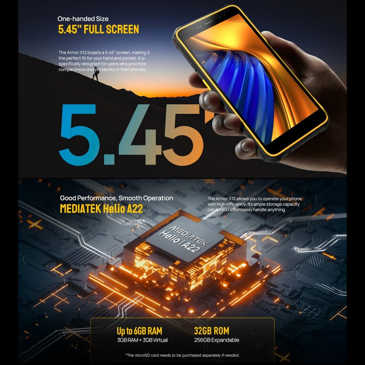 Ulefone Armor X12, Rugged Phone, Face Unlock, 5.45 inch Android 13 Go MediaTek Helio A22 Quad Core, Network: 4G, NFC, 3GB+32GB - NMNYSX