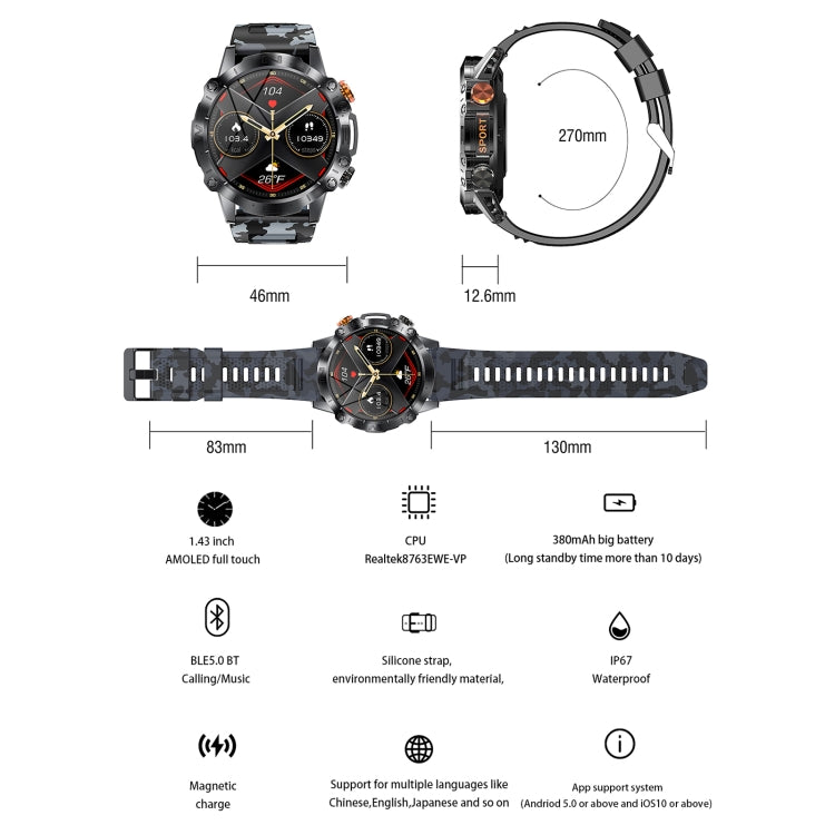 K59 IP67 BT5.0 1.43inch Smart Watch Support Voice Call / Sleep Detection - NMNYSX