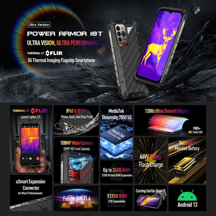 Ulefone Power Armor 18T Ultra Version 5G Thermal Imaging Rugged Phone, Side Fingerprint, 6.58 inch Android 13 MediaTek Dimensity 7050 Octa Core up to 2.6GHz, Network: 5G, NFC, OTG, Power Armor 18T Ultra Version - NMNYSX