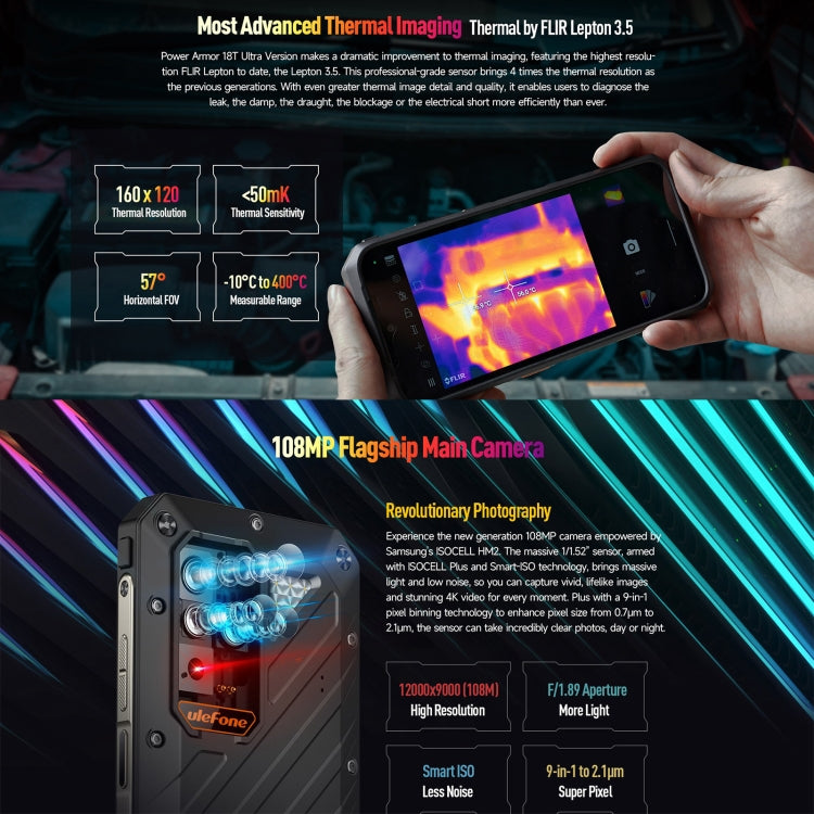 Ulefone Power Armor 18T Ultra Version 5G Thermal Imaging Rugged Phone, Side Fingerprint, 6.58 inch Android 13 MediaTek Dimensity 7050 Octa Core up to 2.6GHz, Network: 5G, NFC, OTG, Power Armor 18T Ultra Version - NMNYSX