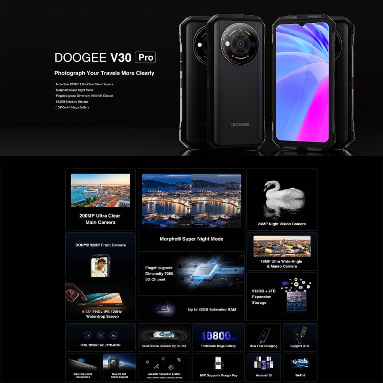 DOOGEE V30 Pro, 200MP Camera, Side Fingerprint, 10800mAh Battery, 6.58 inch Android 13 Dimensity 7050 Octa Core, Network: 5G, OTG, NFC, Support Google Pay, 12GB+512GB - NMNYSX