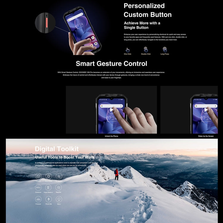 DOOGEE V30 Pro, 200MP Camera, Side Fingerprint, 10800mAh Battery, 6.58 inch Android 13 Dimensity 7050 Octa Core, Network: 5G, OTG, NFC, Support Google Pay, 12GB+512GB - NMNYSX