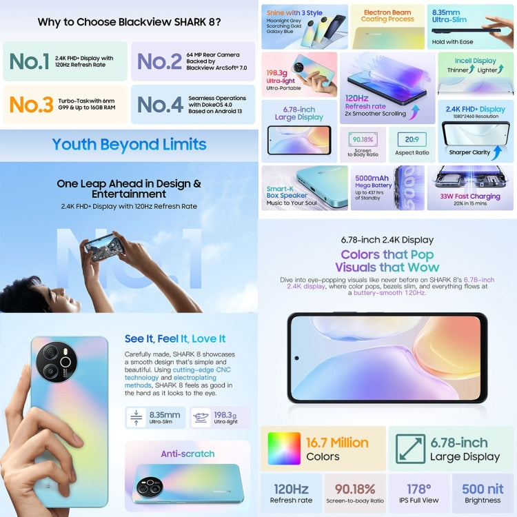 Blackview SHARK 8, Fingerprint Identification, 6.78 inch Android 13 MTK6789 Helio G99 Octa Core up to 2.2GHz, Network: 4G, OTG, 8GB+256GB - NMNYSX