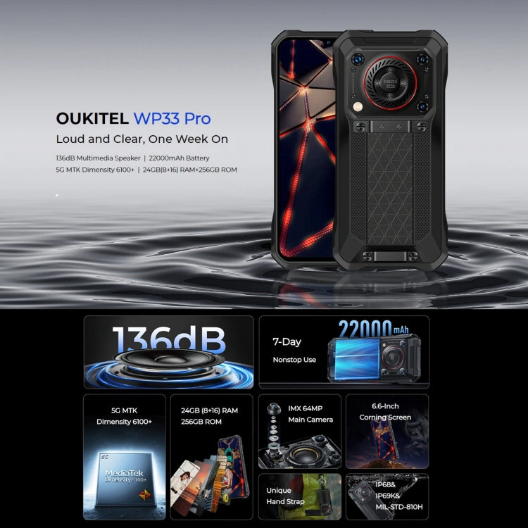 Oukitel WP33 Pro, IP68/IP69K, Fingerprint Identification, 22000mAh, 6.6 inch MediaTek Dimensity 6100+ Octa-core, NFC, OTG, Network: 5G, WP33 Pro 8GB+256GB - NMNYSX