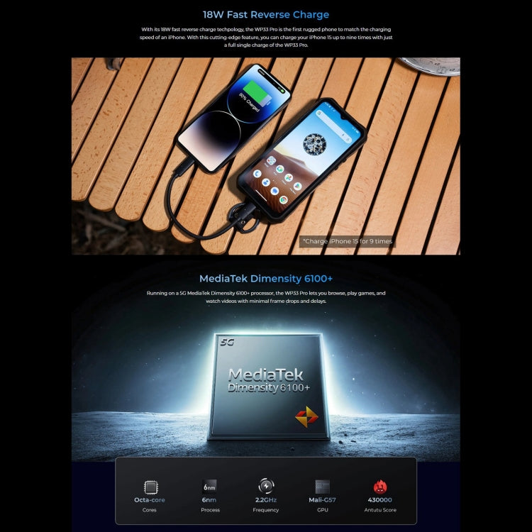Oukitel WP33 Pro, IP68/IP69K, Fingerprint Identification, 22000mAh, 6.6 inch MediaTek Dimensity 6100+ Octa-core, NFC, OTG, Network: 5G, WP33 Pro 8GB+256GB - NMNYSX
