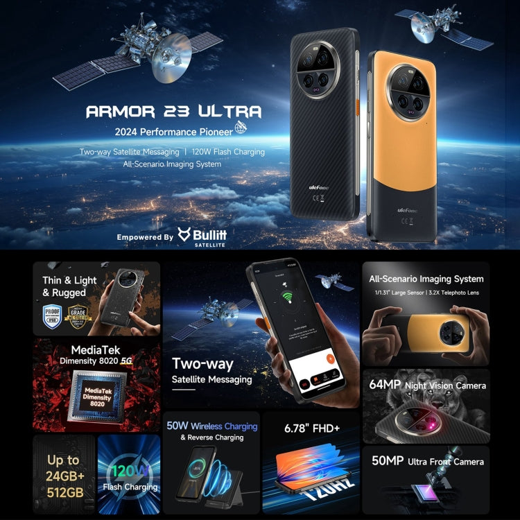 Ulefone Armor 23 Ultra Rugged Phone, 6.78 inch Android 13 MediaTek Dimensity 8020 Octa Core up to 2.6GHz, Network: 5G, NFC, OTG, Satellite Messaging, 12GB+512GB - NMNYSX