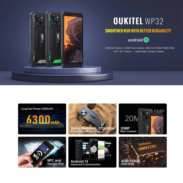 Oukitel WP32, IP68/IP69K, 5.93 inch Android 13 Unisoc Tiger T606 Octa-core, NFC, OTG, Network: 4G, 4GB+128GB - NMNYSX