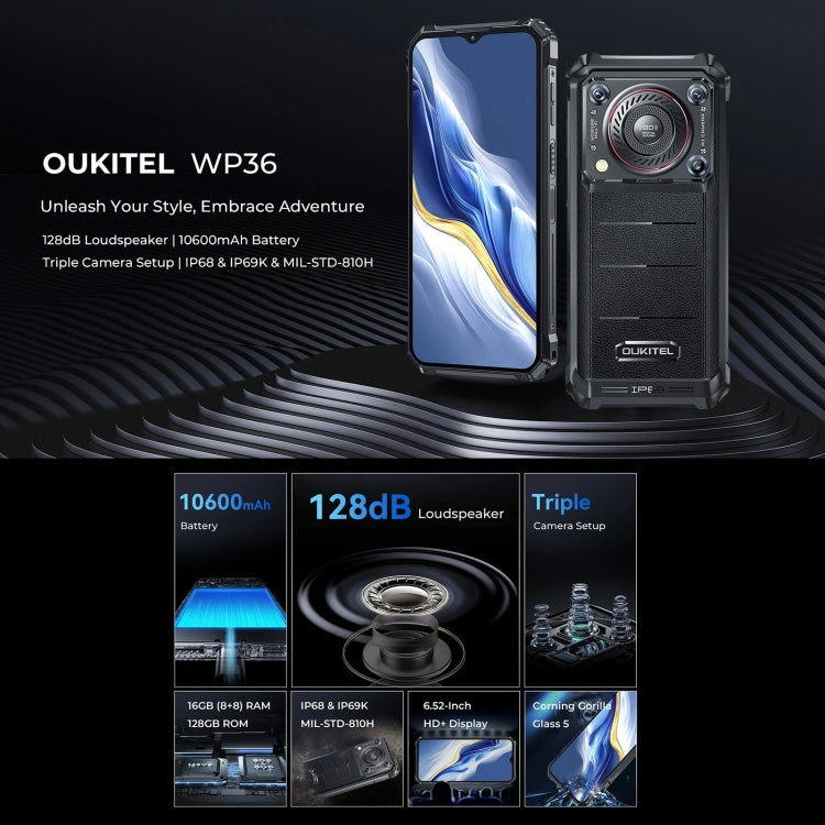 Oukitel WP36, IP68/IP69K, Fingerprint Identification, 10600mAh, 6.52 inch MediaTek MT8788 Octa Core, NFC, OTG, Network: 4G, WP36, 8GB+128GB - NMNYSX