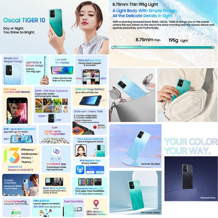 Blackview Oscal TIGER 10, 6.56 inch Android 13 Unisoc UMS9230 T606 Octa Core up to 1.6GHz, Network: 4G, OTG, 8GB+256GB - NMNYSX