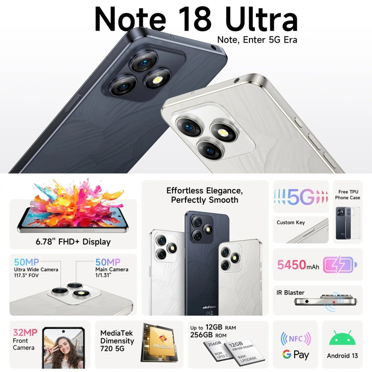 Ulefone Note 18 Ultra, Side Fingerprint, 6.78 inch Android 13 MediaTek Dimensity 720 5G MT6853 Octa Core 2.0GHz, NFC, Network: 5G, 6GB+256GB - NMNYSX