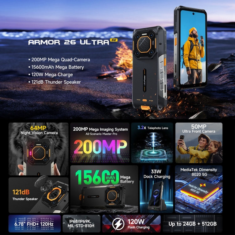 Ulefone Armor 26 Ultra Rugged Phone, 6.78 inch Android 13 MediaTek Dimensity 8020 Octa Core, Network: 5G, NFC, 12GB+512GB - NMNYSX