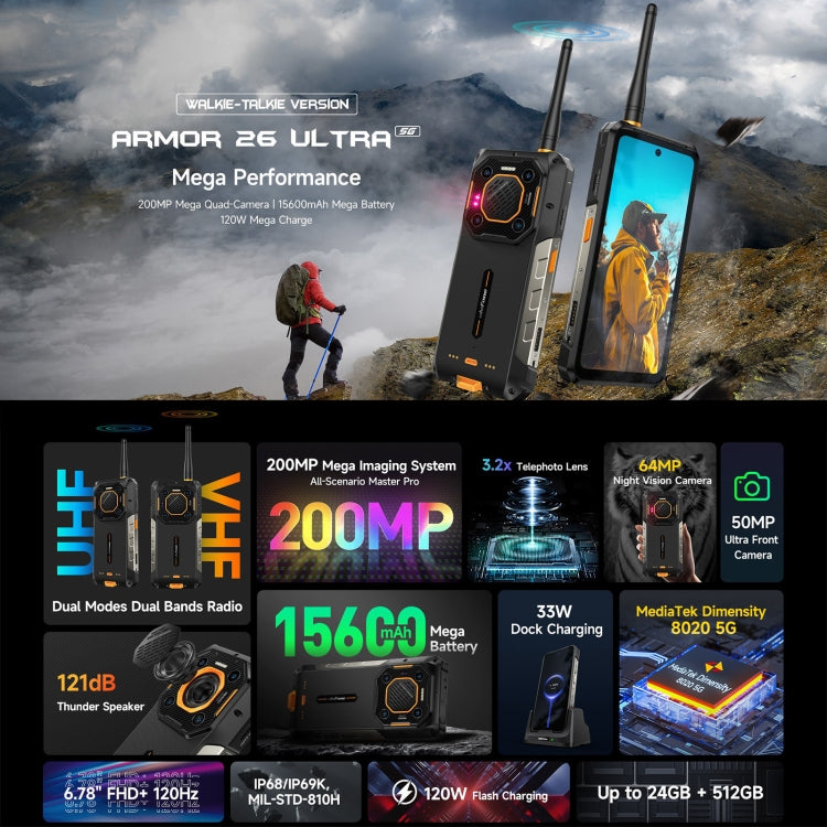 Ulefone Armor 26 Ultra Walkie-Talkie Version Rugged Phone, 6.78 inch Android 13 MediaTek Dimensity 8020 Octa Core, Network: 5G, NFC, 12GB+512GB Walkie-Talkie Version - NMNYSX