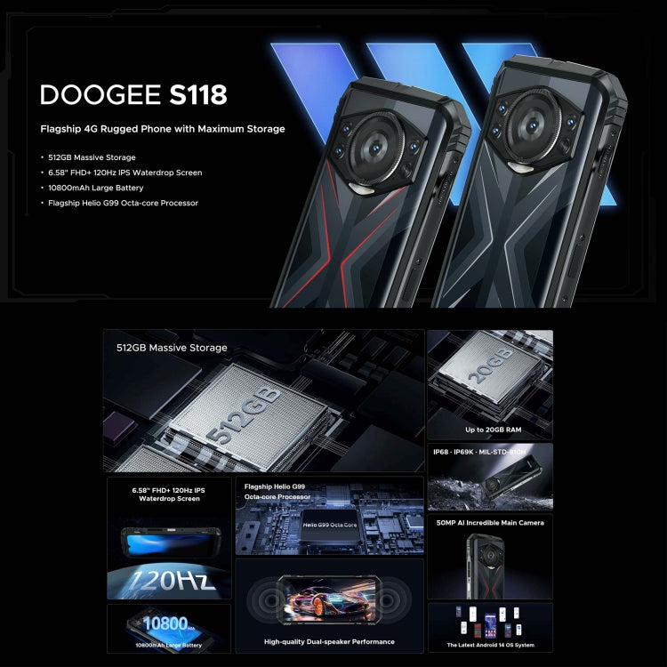 DOOGEE S118 Rugged Phone, 6.58 inch Android 14 MediaTek Helio G99 Octa Core, Network: 4G, OTG, NFC, 8GB+512GB - NMNYSX