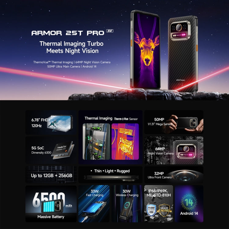 Ulefone Armor 25T Pro Rugged Phone, Thermal Imaging, 6.78 inch Android 14 MediaTek Dimensity 6300 Octa Core, Network: 5G, NFC, Armor 25T Pro - NMNYSX