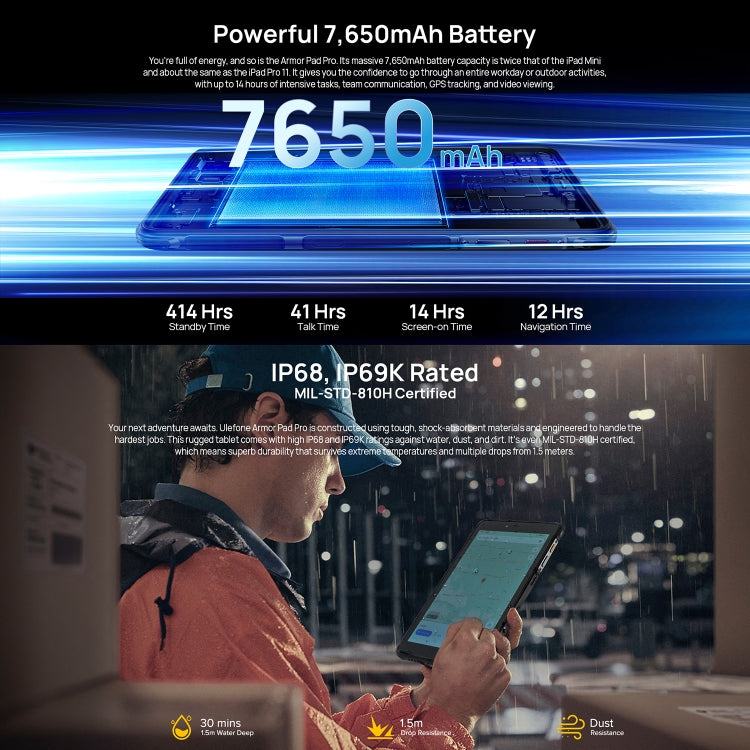 Ulefone Armor Pad Pro Rugged Tablet PC, 8 inch Android 13 MediaTek MT8788 Octa Core 4G Network, EU and USB Plug, Armor Pad Pro mining farming industryng mechanic