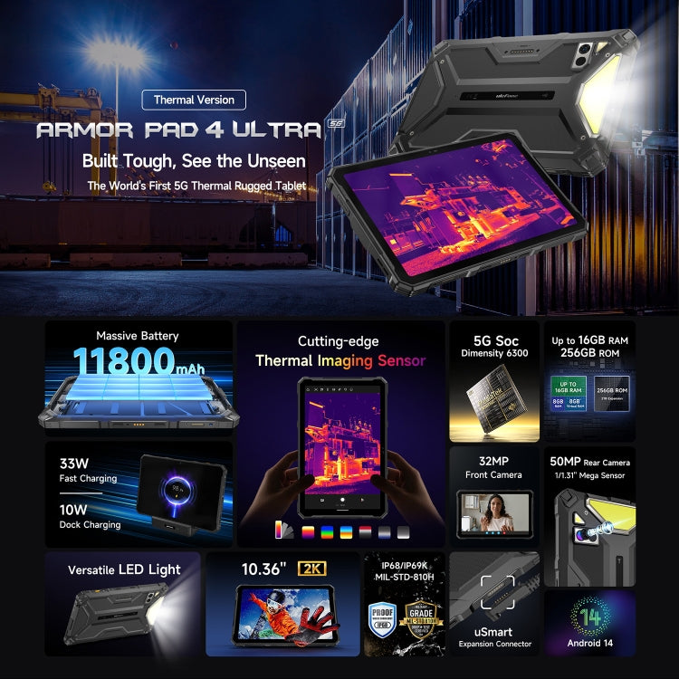 Ulefone Armor Pad 4 Ultra Thermal Version Rugged Tablet, 10.36 inch Android 14  5G Network, EU and USB  Plug, Armor Pad 4 Ultra Thermal Imaging mining farming industryng mechanic