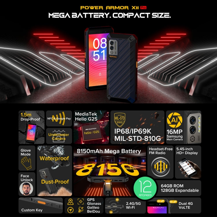 IP68/IP69K Waterproof Dustproof Shockproof, Dual Back Cameras, Face Unlock, 5.45 inch Android 12 MediaTek Helio G25 MT6762VWB Octa Core up to 2.0GHz, Network: 4G, NFC, OTG, Power Armor X11 Pro - NMNYSX