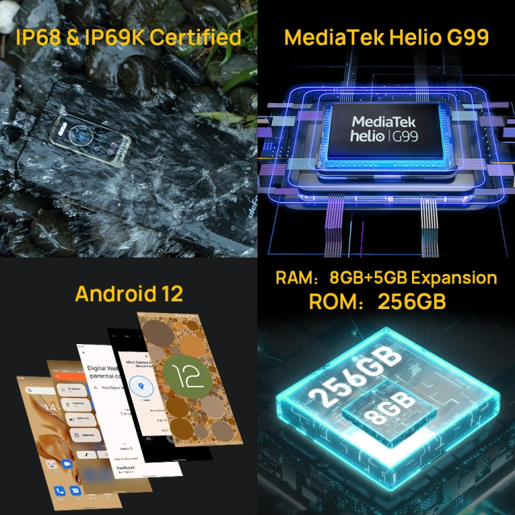 Dual Back Cameras, IP68/IP69K Waterproof Dustproof Shockproof, Side Fingerprint Identification, 6.58 inch Android 12 MediaTek Helio G99 MT6789 Octa Core up to 2.2GHz, Network: 4G, OTG, NFC, Global Version with Google Play, Armor 17 Pro - NMNYSX