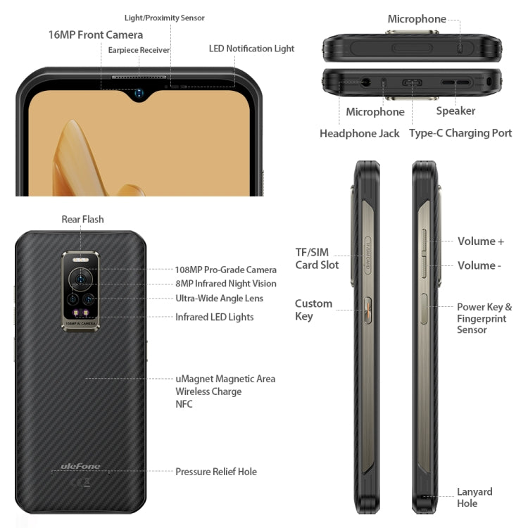 Dual Back Cameras, IP68/IP69K Waterproof Dustproof Shockproof, Side Fingerprint Identification, 6.58 inch Android 12 MediaTek Helio G99 MT6789 Octa Core up to 2.2GHz, Network: 4G, OTG, NFC, Global Version with Google Play, Armor 17 Pro - NMNYSX