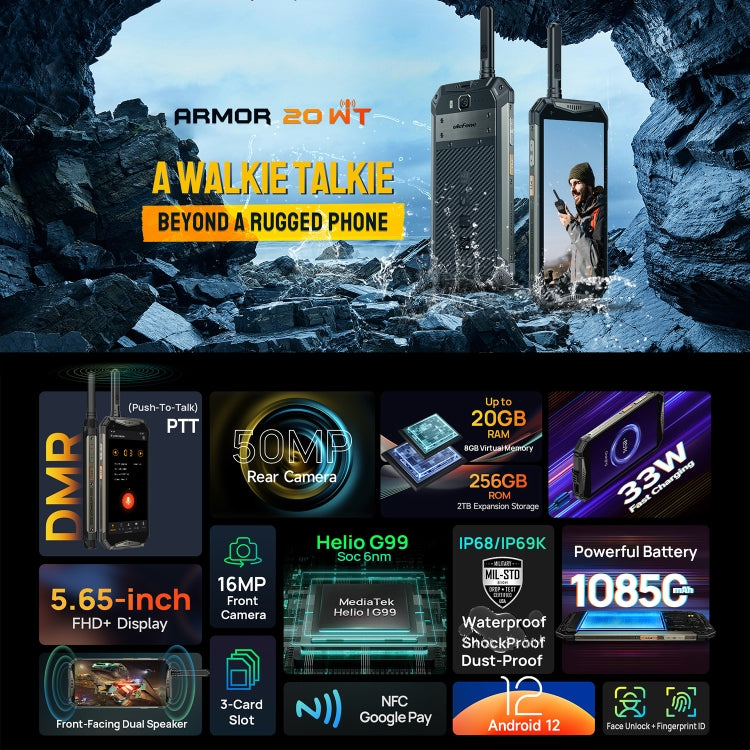IP68/IP69K Waterproof Dustproof Shockproof, Face ID & Fingerprint Identification, 10850mAh Battery, 5.65 inch Android 12 MediaTek Helio G99 Octa-core up to 2.2GHz, Network: 4G, NFC, OTG, Armor 20WT - NMNYSX