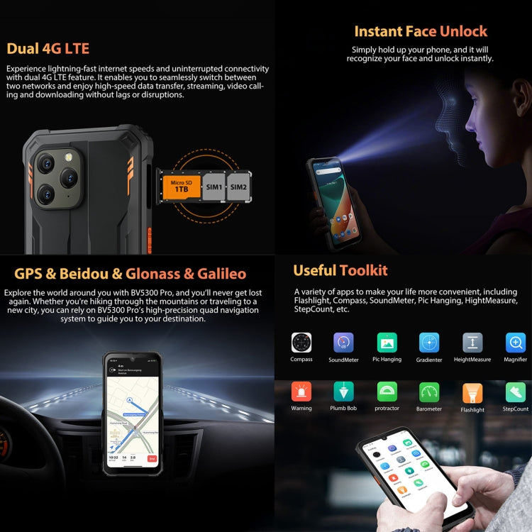 IP68/IP69K/MIL-STD-810H, Face Unlock, 6580mAh Battery, 6.1 inch Android 12 MTK6765 Helio P35 Octa Core up to 2.3GHz, Network: 4G, OTG, NFC, Dual SIM, BV5300 Pro, 4GB+64GB - NMNYSX