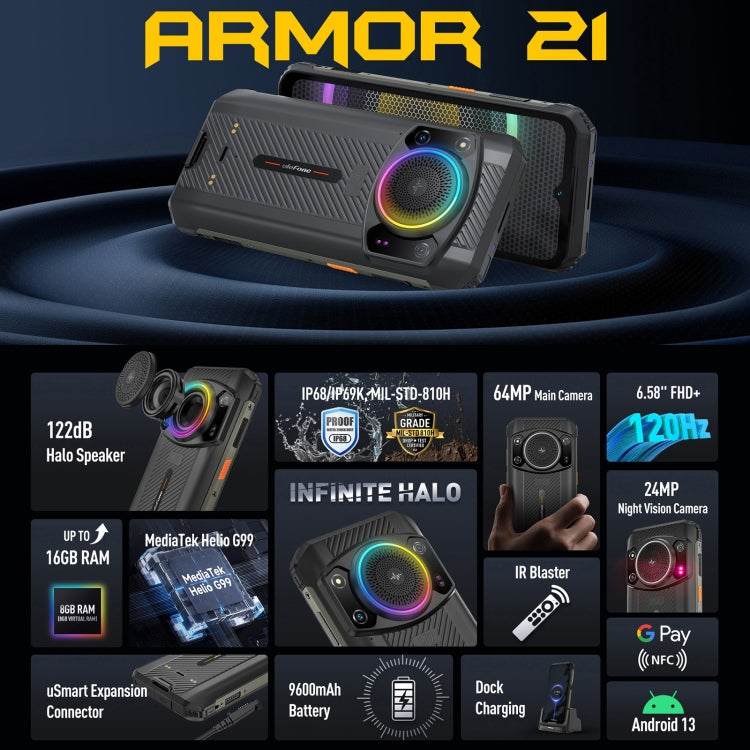 Dual Back Cameras, IP68/IP69K Waterproof Dustproof Shockproof,  Face ID & Fingerprint Identification, 6.58 inch Android 13 MediaTek Helio G99 Octa Core up to 2.2GHz, Network: 4G, OTG, NFC, Global Version with Google Play, Armor 21 - NMNYSX