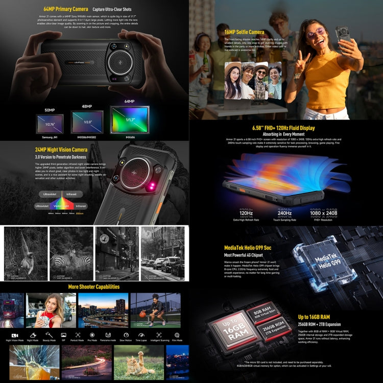 Dual Back Cameras, IP68/IP69K Waterproof Dustproof Shockproof,  Face ID & Fingerprint Identification, 6.58 inch Android 13 MediaTek Helio G99 Octa Core up to 2.2GHz, Network: 4G, OTG, NFC, Global Version with Google Play, Armor 21 - NMNYSX