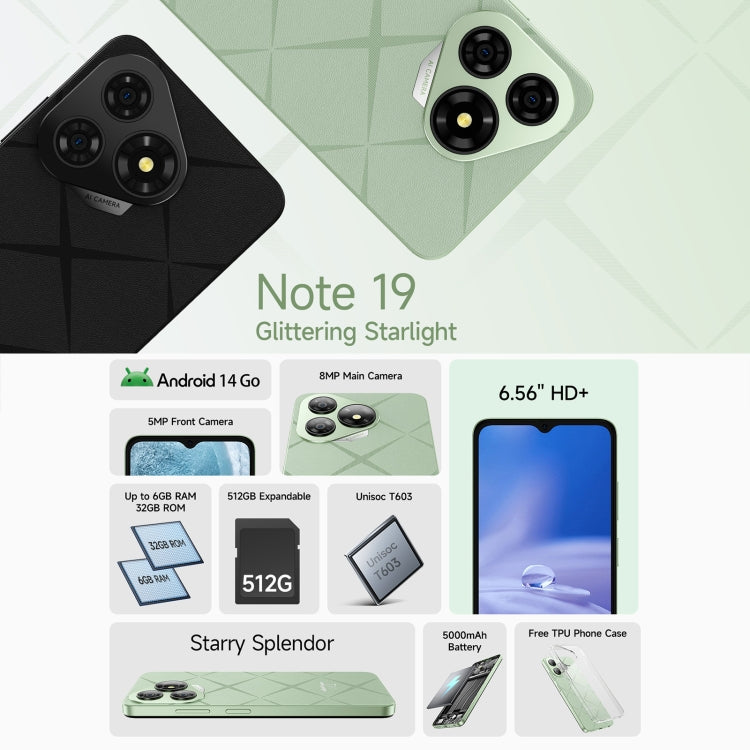 Ulefone Note 19, 3GB+32GB, Face ID & Side Fingerprint, 6.56 inch Android 14 Go Unisoc T603 Octa Core, Network: 4G, Dual SIM, OTG - NMNYSX