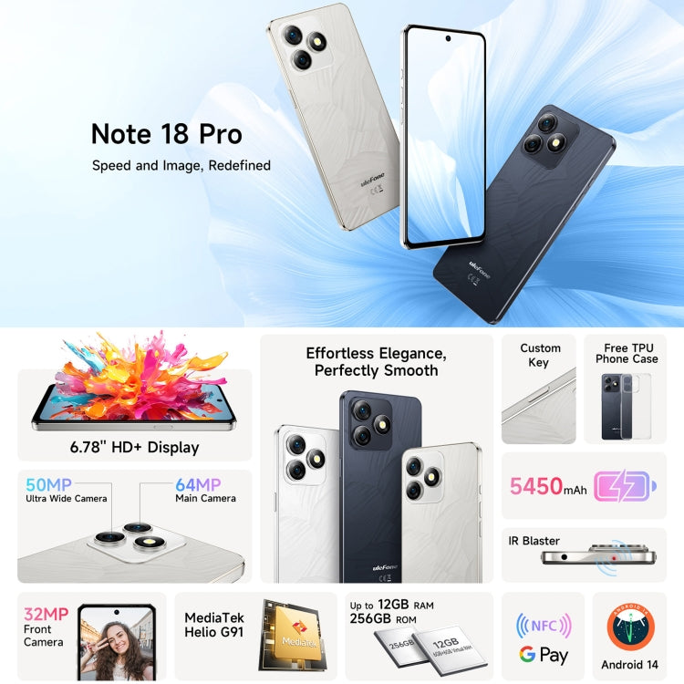 Ulefone Note 18 Pro, 6GB+256GB, Face ID & Side Fingerprint, 6.78 inch Android 14 MediaTek Helio G91 MTK6769 Octa Core, Network: 4G, Dual SIM, OTG, NFC - NMNYSX
