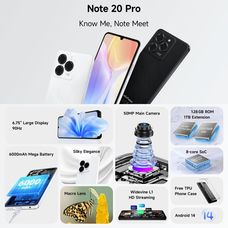 Ulefone Note 20 Pro, 4GB+256GB, Face ID & Side Fingerprint, 6000mAh, 6.75 inch Android 14 Unisoc T606 Octa Core, Network: 4G, Dual SIM, OTG, 4GB+256GB - NMNYSX